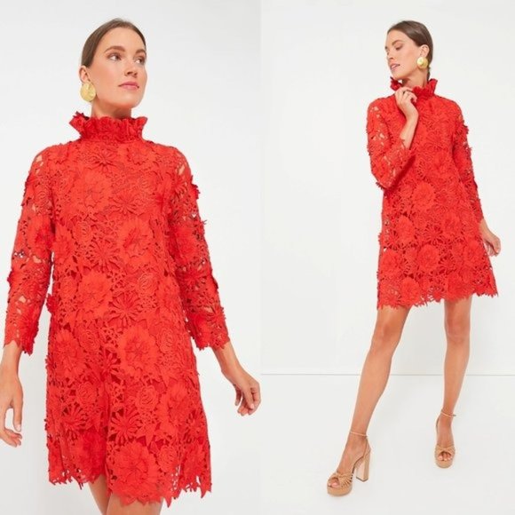 Tuckernuck Dresses & Skirts - Tuckernuck | NEW Red Guipure Lace Daphne Three-quarter Sleeve Mini Dress Size L